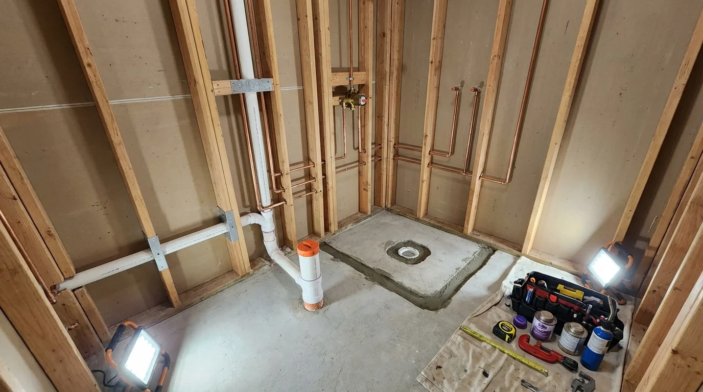 Bathroom rough-in plumbing during remodel by Johns Plumbing LLC in Hormigueros