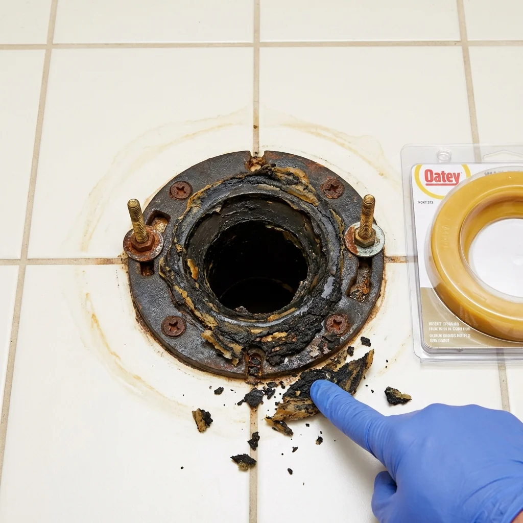 Failed wax ring showing water seepage at the base of a toilet in a Hormigueros, PR home