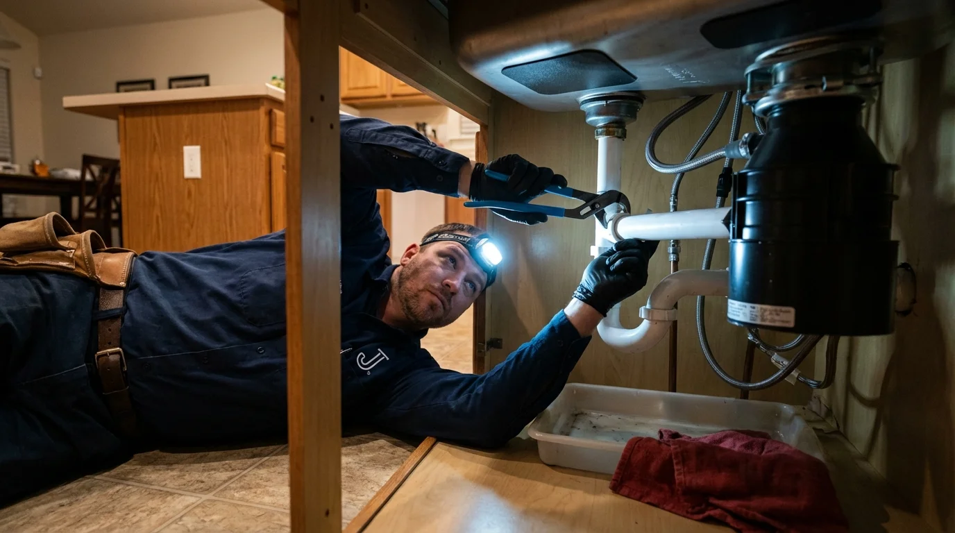 P-trap and supply line connections under a kitchen sink showing a common leak point in Hormigueros, PR